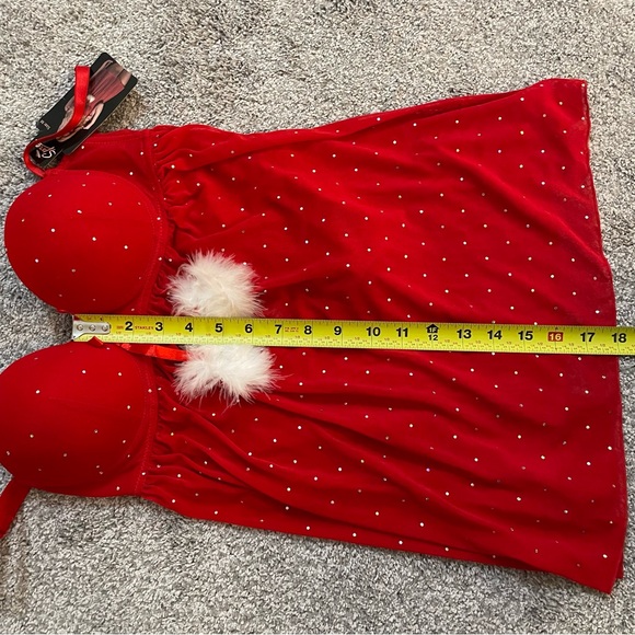 New Spree Size M Santa Red Sheer Babydoll Lingerie & G-String W/ Sequins - Picture 7 of 10